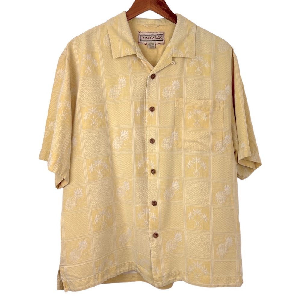 Jamaica Jaxx 100% Silk Hawaiian Tropical Pineapple Button Front Shirt Si…